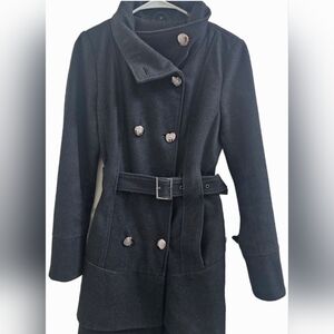 Guess charcoal color wool blend ruffled pea coat.